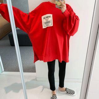 Letter-patch Slit-side Oversized Pullover