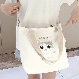 Cat Print Canvas Tote Bag Premium - Kitty Head - White - One Size