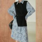 Printed Single-breasted Long-sleeve Dress / Plain Knit Vest