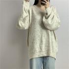 Long-sleeve V-neck Melange Knit Top As Shown In Figure - One Size