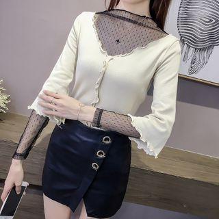 Mock Two-piece Long-sleeve Dotted Mesh Knit Top