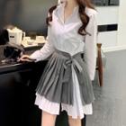 Set: Plain Mini A-line Shirt Dress + Tie-strap Striped Mini A-line Skirt