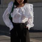 Long Sleeve Ruffled Collar Shirt White - One Size