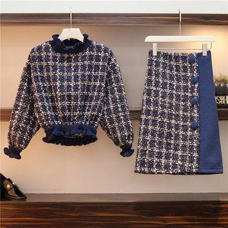 Set: Ruffled Tweed Pullover + Buttoned A-line Tweed Skirt