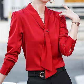 Long-sleeve Chiffon Blouse / Cropped Boot-cut Dress Pants / Set