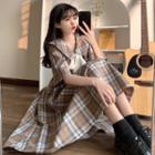 Short-sleeve Plaid Bow Sailor-collar Midi Dress