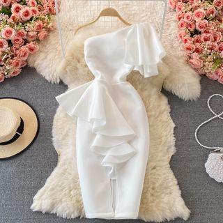 Single Shoulder Ruffle Slit Sheath Dress