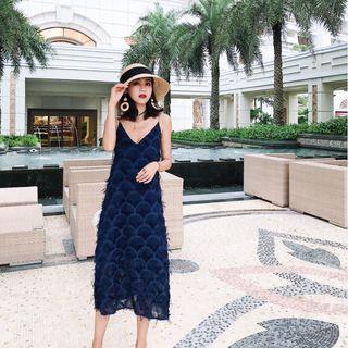 Spaghetti-strap Feather Midi Sundress
