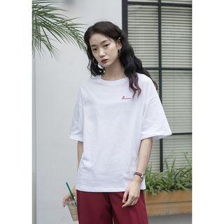 Elbow-sleeve Embroidered Letter T-shirt