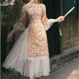 3/4-sleeve Floral Print Midi Mermaid Qipao Dress