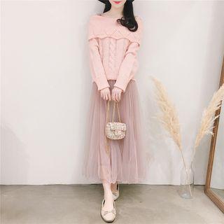 Set: Ruffle Trim Sweater + Sleeveless Sheer Panel Midi Dress