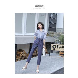 Set: Plain Shirt + Camisole Top + Crop Pants