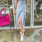 Tie-waist Denim Long Wrap Skirt