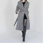 Houndstooth Long Coat With Belt Black - One Size