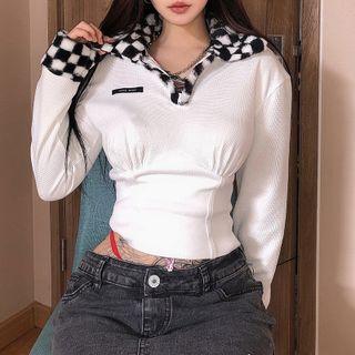 Long-sleeve Plaid Panel Half-zip Top