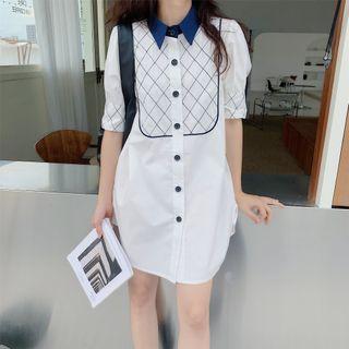 Plaid Panel Elbow-sleeve Mini Shirtdress