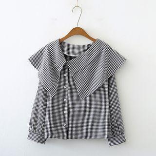 Long-sleeve Asymmetrical Wide-collar Check Blouse Gingham - Black & White - One Size