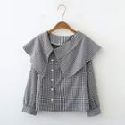 Long-sleeve Asymmetrical Wide-collar Check Blouse Gingham - Black & White - One Size
