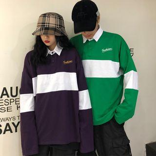 Letter Embroidered Striped Long-sleeve Polo Shirt
