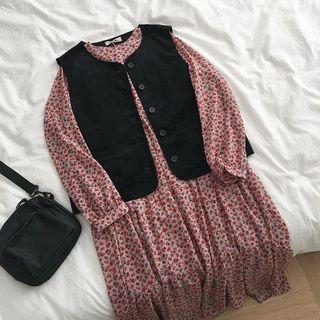 Corduroy Vest / Long-sleeve Floral Printed Dress