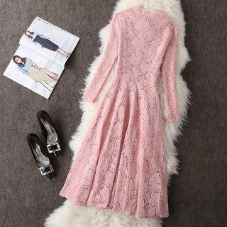 Lace Long-sleeve Tie-neck Midi A-line Dress