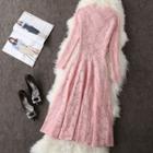 Lace Long-sleeve Tie-neck Midi A-line Dress
