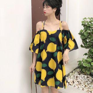 3/4-sleeve Cold Shoulder Print Dress