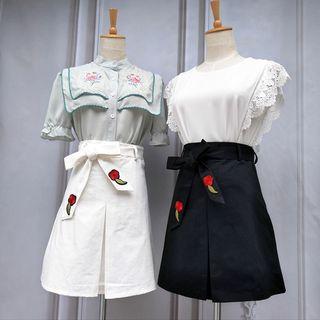 Tie-waist Embroidered A-line Skirt