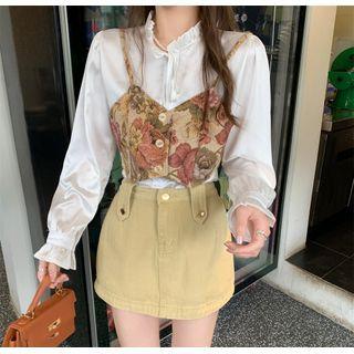 Puff-sleeve Ruffled Blouse / Floral Print Camisole Top