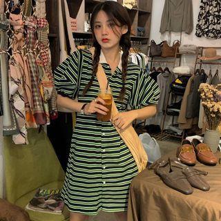 Puff-sleeve Striped A-line Polo Dress