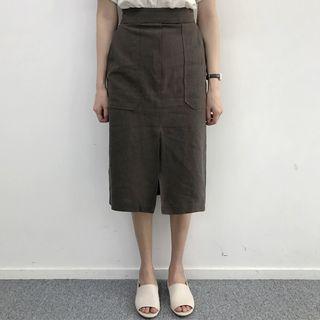 Linen Band-waist Slit-front Skirt