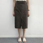Linen Band-waist Slit-front Skirt