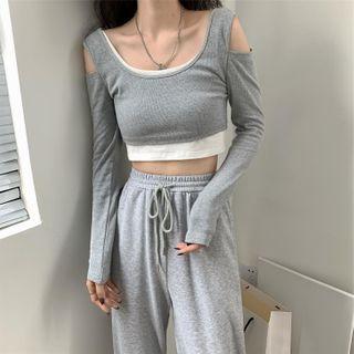 Long-sleeve Mock Two-piece Cold-shoulder Cropped Top