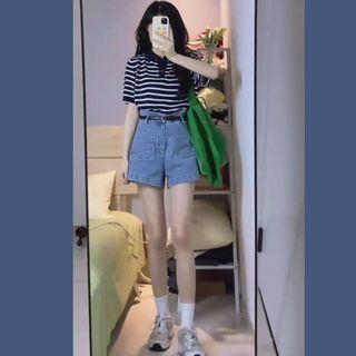 Striped Polo Shirt / Denim Wide Leg Shorts / Set