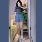 Striped Polo Shirt / Denim Wide Leg Shorts / Set