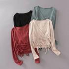 V-neck Long-sleeve Drawstring Ribbed Cropped Top