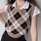 Argyle Print Knit Sweater Vest Argyle - Khaki - One Size