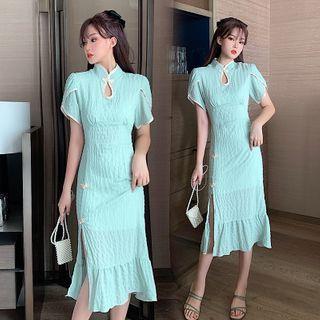 Short-sleeve Ruffle Hem Midi Qipao
