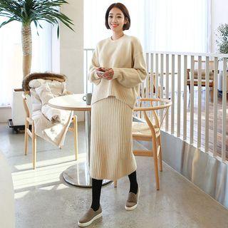 Set: Slit-hem Knit Top + Ribbed Midi Skirt Cream - One Size