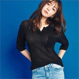 Patch-pocket Collared 3/4-sleeve Knit Top