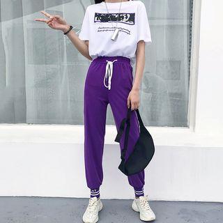 Short-sleeve Print T-shirt / Contrast Trim Sweatpants