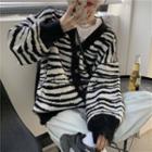 Zebra Pattern Loose-fit Long-sleeve Cardigan As Shown In Figure - One Size
