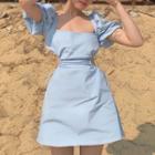 Short-sleeve Plain Mini Dress Milky Blue - One Size