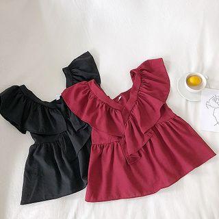 Plain V-neck Ruffled-trim Blouse
