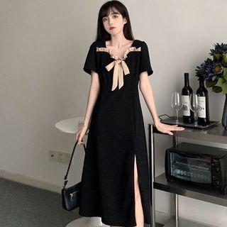 Short-sleeve Ruffled Bow Midi A-line Dress