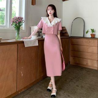 Set: Contrast Collar Cropped Blouse + Midi Pencil Skirt