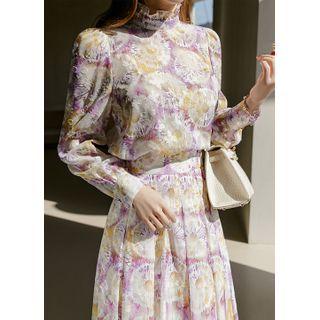 Frilled Jacquard Chiffon Blouse With Scarf Violet - One Size