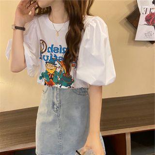 Puff-sleeve Print Blouse / Denim Mini Skirt / Set