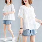 Plaid Elbow-sleeve Top White - One Size