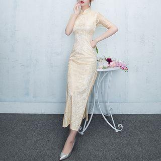 Short Sleeve Lace Maxi Qipao